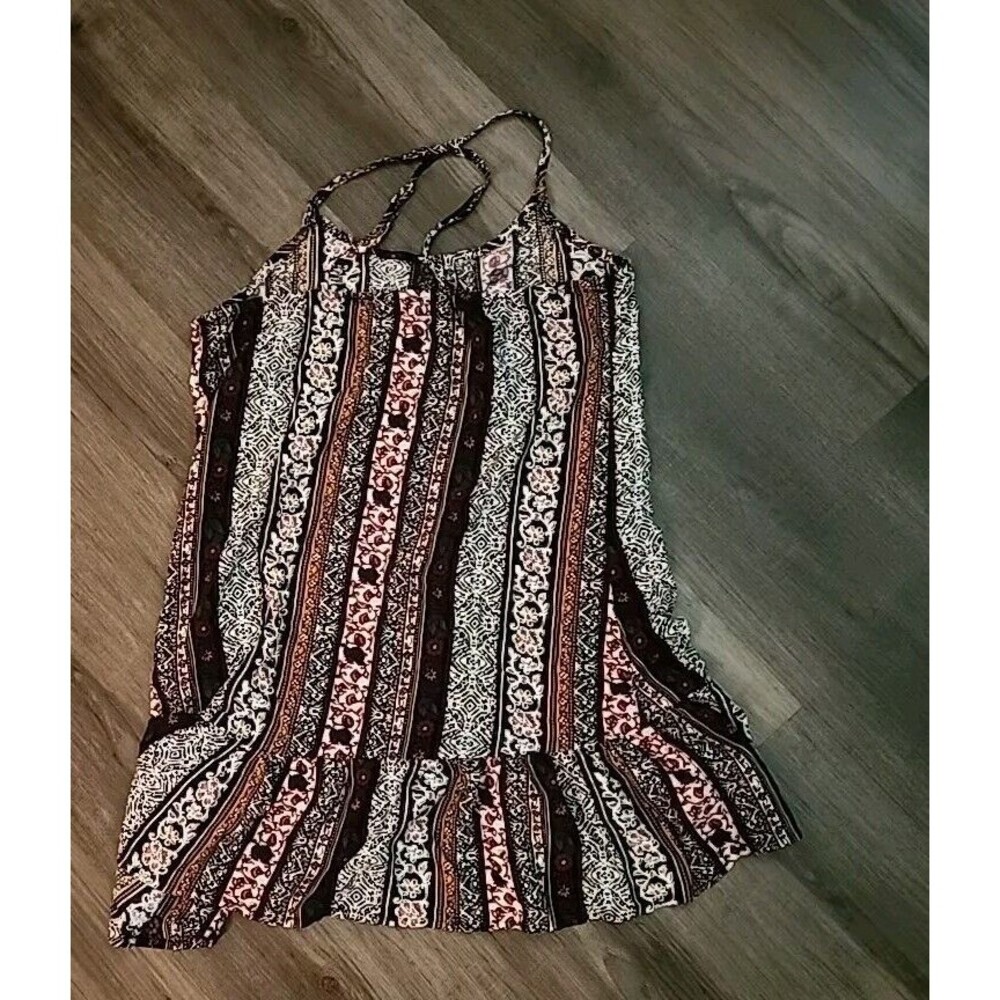 Bongo Womens Top Halter Multicolor Browns Medium Tribal Boho Prairie Blouse